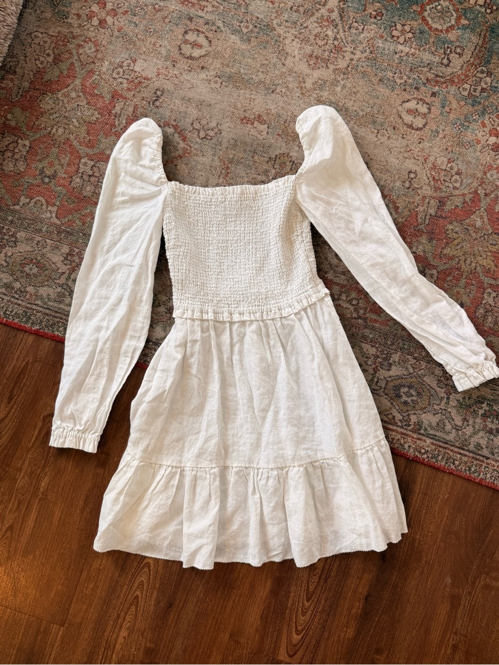 Wilfred White Smocked Square-Neck Puff Sleeve Mini Dress
